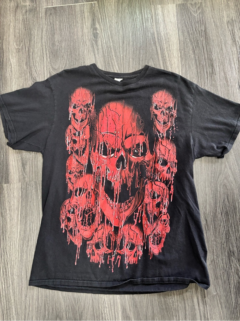 Vintage Y2K Affliction Style Black T-Shirt with Red Skulls with Dripping Blood G